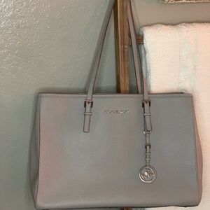 Michael Kors Saffiano Leather tote bag, grey with silver hardware.